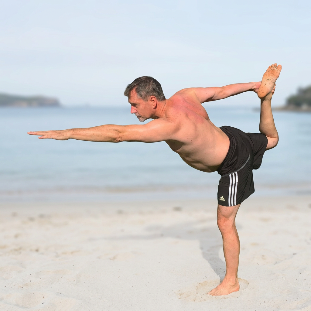 John holding a standing balance pose on the shoreline