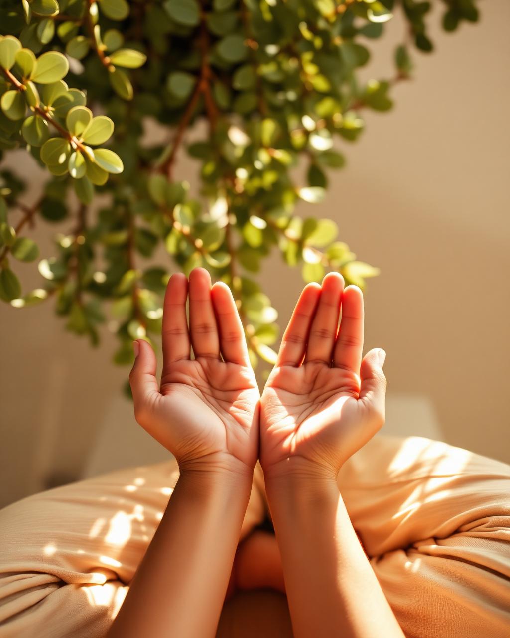 Palms resting open in a quiet meditation posture