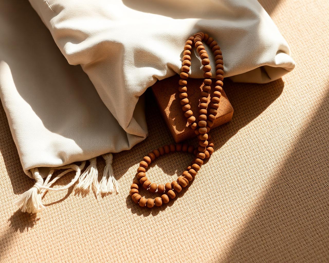 Folded linen blanket, cork block and a strand of mala beads
