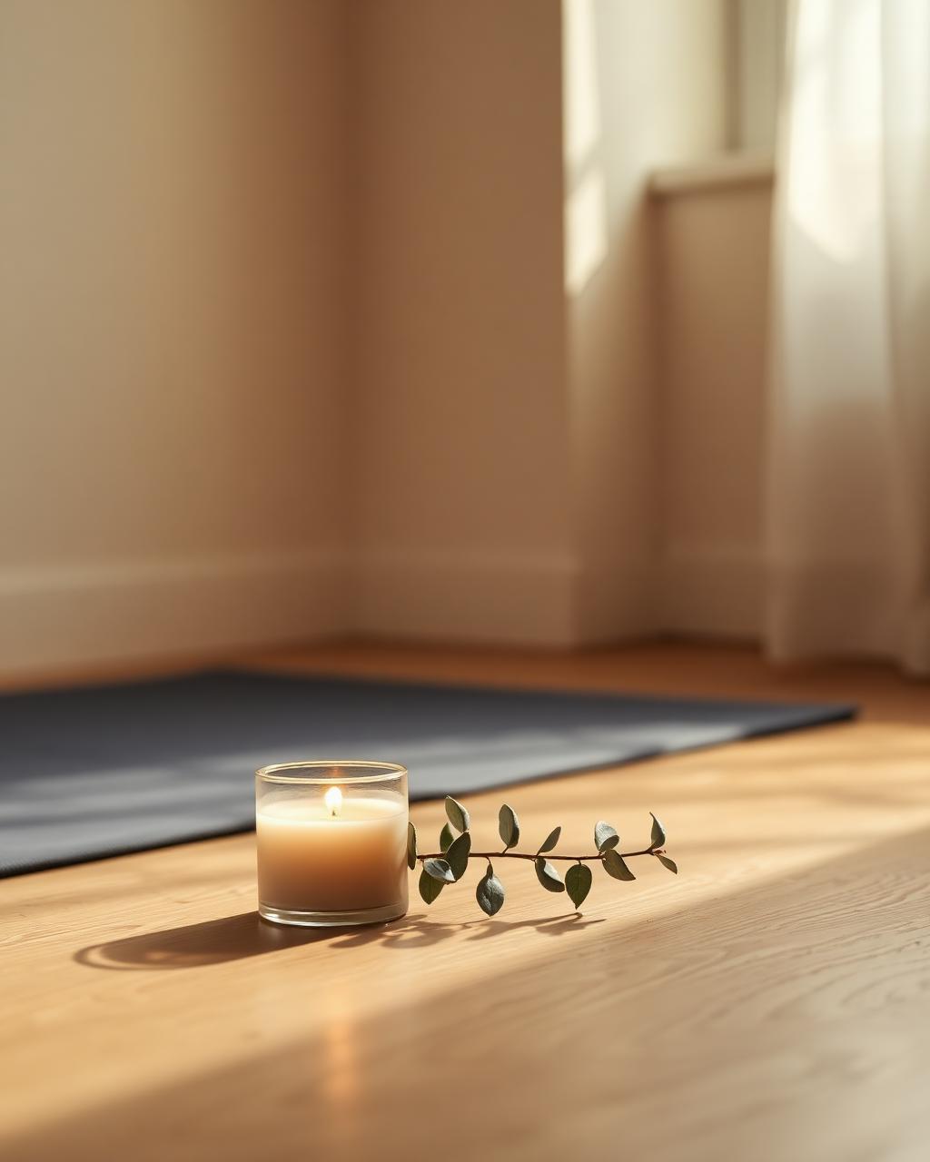 A soy candle lit beside a sprig of eucalyptus on a warm oak floor